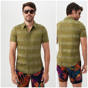 Mr Turk Men's Medium Jimmy Shirt Moss Green Button up Stripe cotton